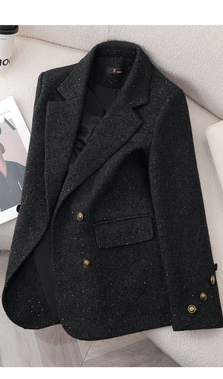 Blazer da donna in tweed misto lana per autunno inverno - Giacca da ufficio doppiopetto slim fit con revers a lancia (nero, marrone, rosso, grigio)_voghion.com