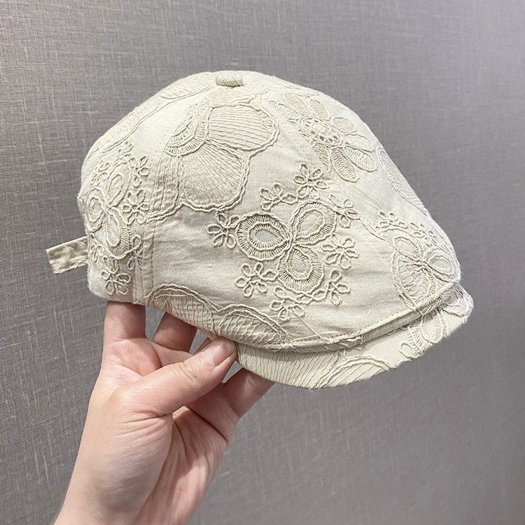 Thin Embroidered Flower Forward Cap For Women, Spring And Summer New Versatile Face-Slimming Duckbill Beret, Breathable_voghion.com