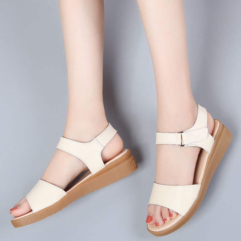 Summer Cowhide Wedge Women's Korean Fashion Velcro Beach Sandals, One-piece Mid Heeled Mom Sandals_voghion.com