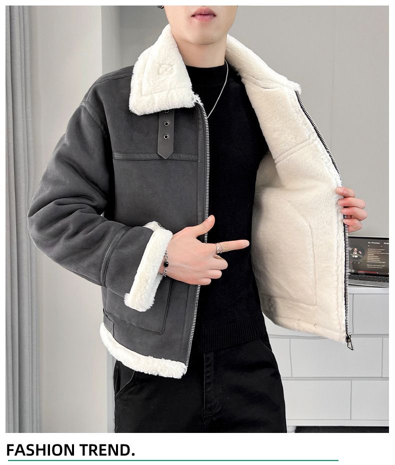 Men's Faux Shearling Lamb Fur Jacket Winter Loose Fit Stand Collar Motorcycle Coat Fleece Lined Thick Warm_voghion.com