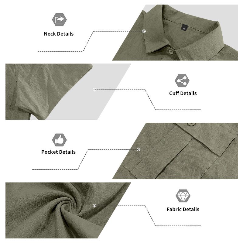 Herren Sommerhemd, amerikanisch, locker, Strand, atmungsaktiv, lässig, Leinen, mehrere Taschen, geknöpft, Arbeitskleidung, kurzärmelig_voghion.com