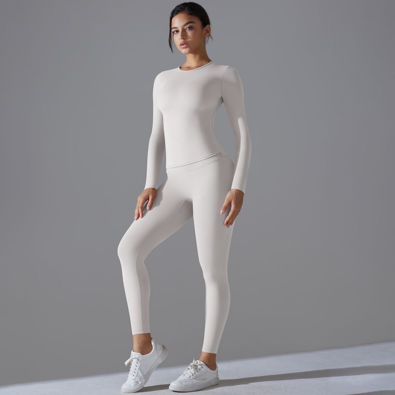 New Solid Color Double-Sided Brushed Elastic High Waist Tight Hip-Lifting Training Yoga Suit Running Fitness Set For_voghion.com