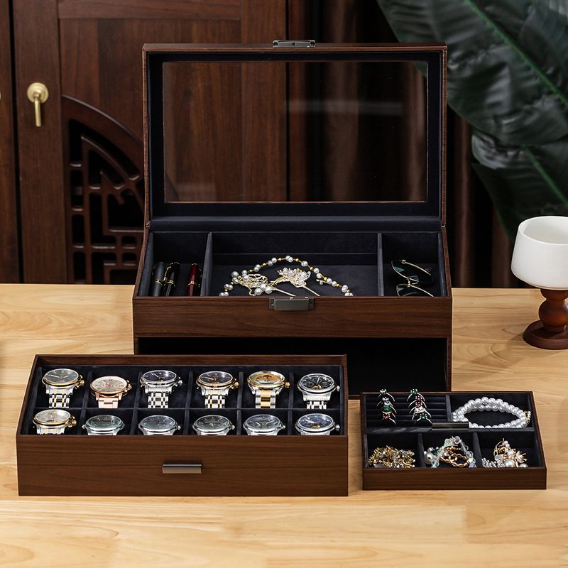 Hem Förvaring Ny Watch Box Valnöt Grain Watch Smyckeskrin Solglasögon Klocka Förvaringsbox_voghion.com