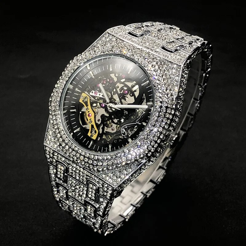 Men's watch, hip-hop style, luxurious, all diamond, silver module, Seton tourbillon, mechanical clock, fashionable_voghion.com