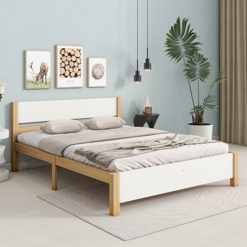 Doppelbett, Holzbett, Kiefernholzrahmen Mit Mittelfuß, Jugendbett, Erwachsenenbett, Mit Kopf- Und Fußteil Aus MDF, Bianco + Natura, 140x200 Cm_voghion.com