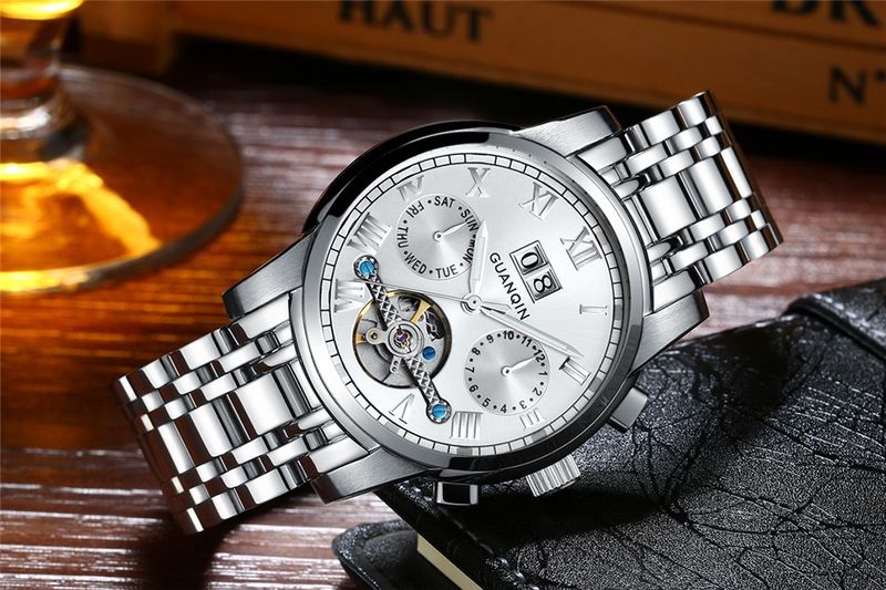 GUANQIN Origineel ontwerp Skeleton Tourbillon Horloge Heren Automatisch Mechanisch Lichtgevend Roestvrijstalen Polshorloge Mode Casual_voghion.com