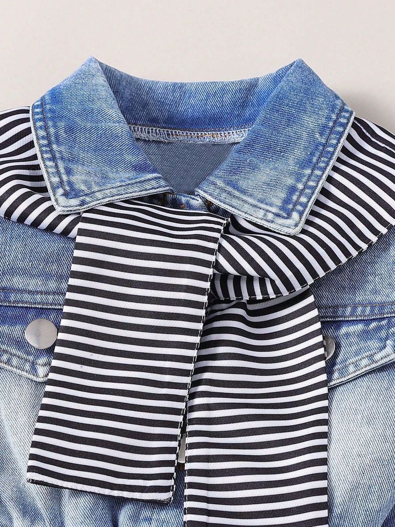 Completo giacca e scialle in denim per bambina – Completo trendy in cotone 2 pezzi (2-7 anni, blu navy)_voghion.com