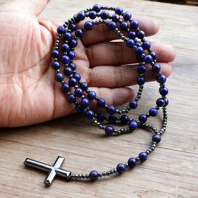 Vente chaude 6mm Lapis Lazuli Pierre Perle Hématite Pour Hommes Femmes Catholique Christ Chapelet Croix Pendentif Collier Dropshipping_voghion.com