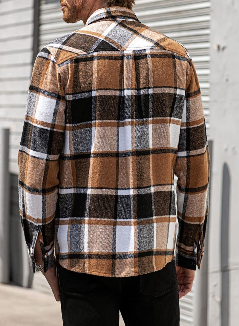Herrenbekleidung kariertes Hemd langärmlige Knopf-Freizeitjacke_voghion.com