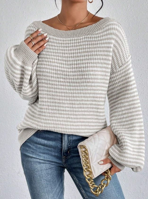 Maglione da donna in maglia con spalle scoperte, righe a blocchi di colore e maniche a lanterna – Vestibilità comoda e ampia per autunno e inverno_voghion.com