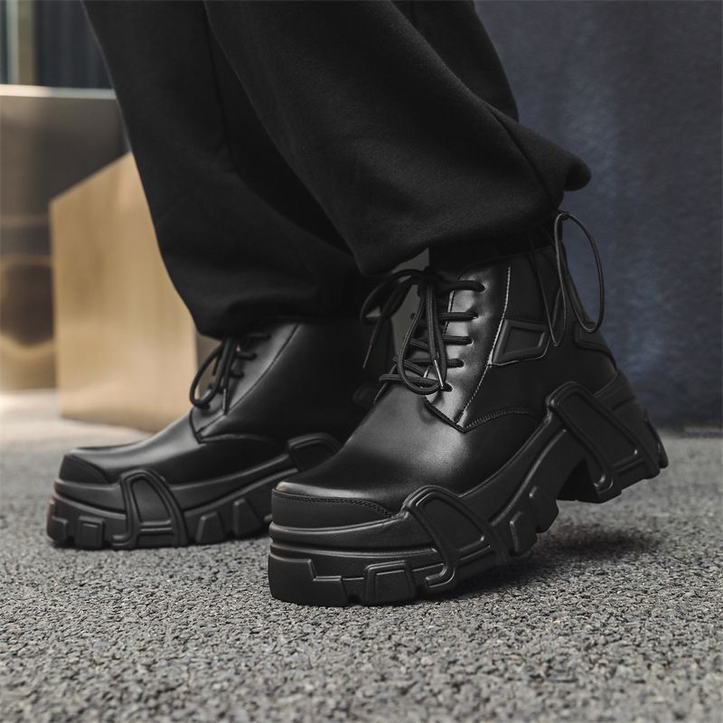 Men's Commuter Big Head Casual Leather Shoes, High Sense Of Heightening, Round Head Martin Boots_voghion.com