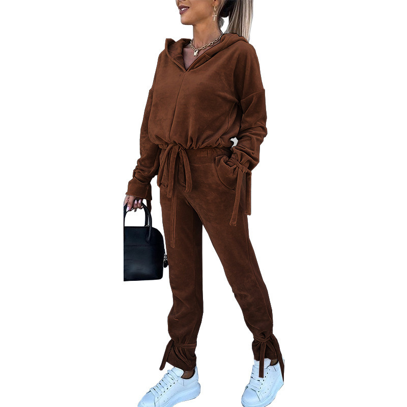 Set da donna in due pezzi, felpa con cappuccio, tinta unita, casual, autunno, a maniche lunghe_voghion.com