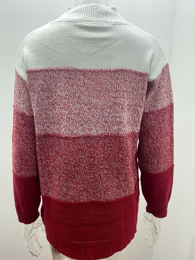 Damen-Strickpullover mit lässigem Oberteil in verschiedenen Farben, gestreiften Nähten und hohem Kragen in Kontrastfarbe_voghion.com