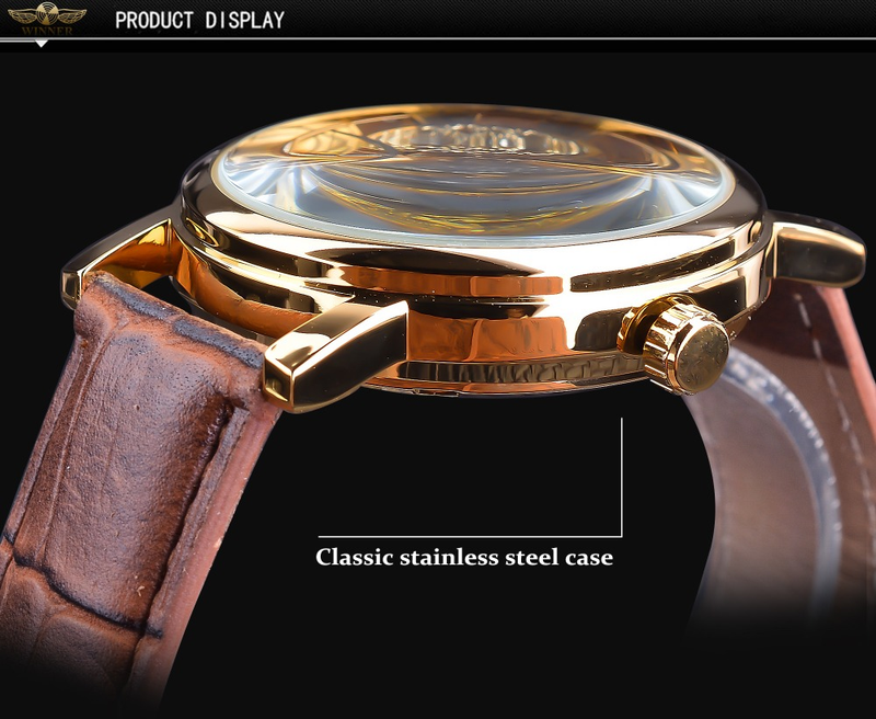 Winner, orologio da uomo con cassa dorata trasparente, design casual, cinturino in pelle marrone, orologio meccanico di lusso_voghion.com