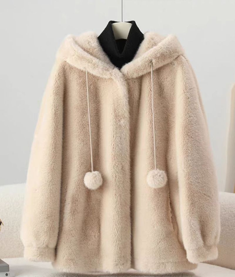 Cappotto con cappuccio in finta pelliccia di visone da donna – Giacca lunga invernale da strega per donna (avorio/rosa/nero, taglia unica)_voghion.com