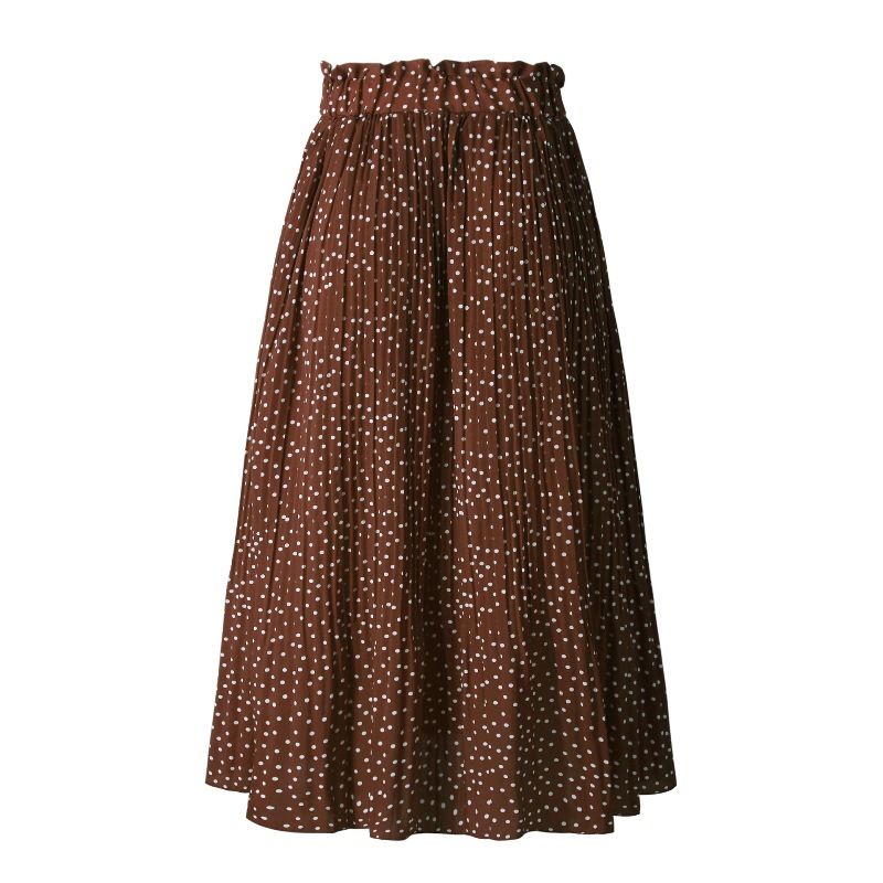 Heißer verkauf Weiß Dots Floral Print Plissee Midi Rock Frauen Elastische Hohe Taille Seite Taschen Röcke Sommer Elegante Weibliche Unten_voghion.com