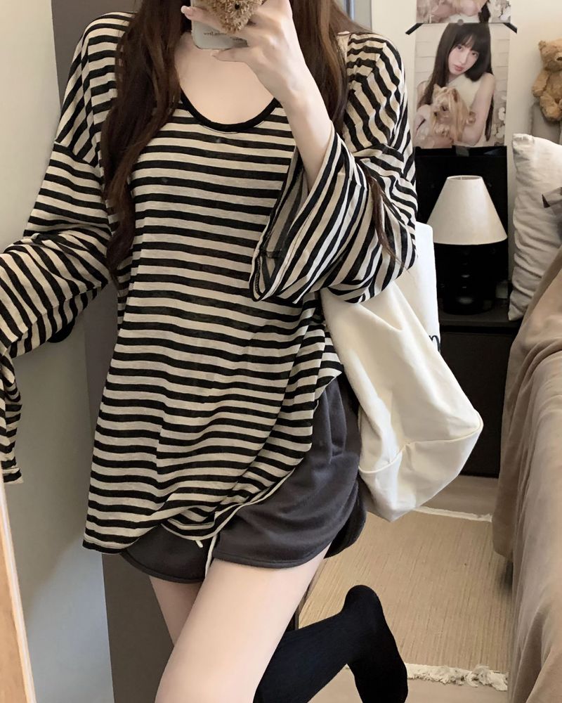 Maglietta a maniche lunghe con protezione solare, stile casual, a righe, girocollo, per donna, estiva, sottile, oversize, ampia e snellente_voghion.com