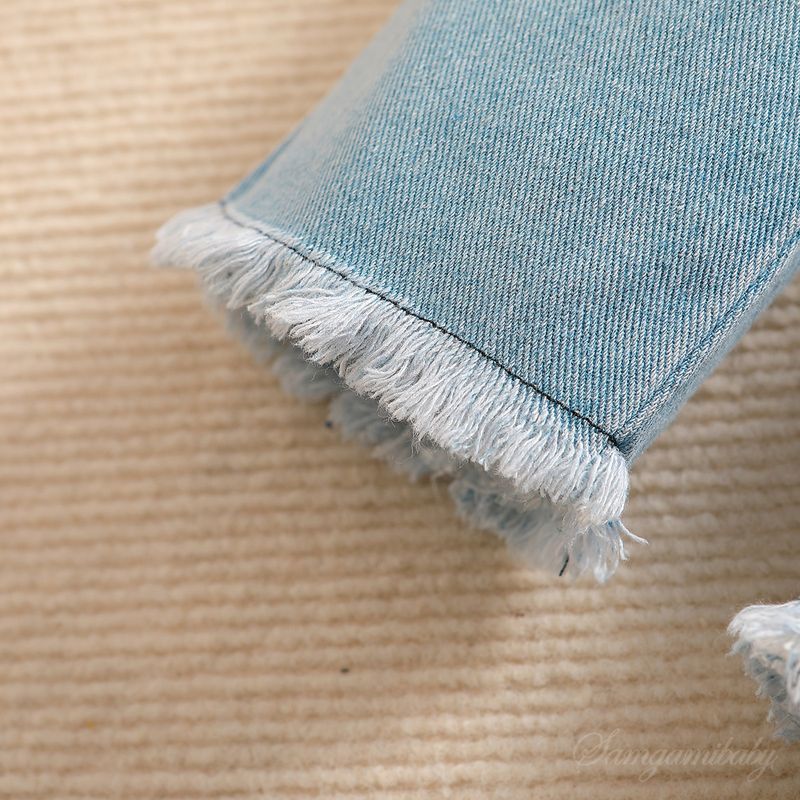 Småjenteklær Fasjonable jentedresser Nye sommerklær Jentekjoler med bare skuldre Ripped Jeans Dress med to deler_voghion.com