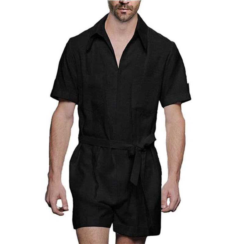 Man's clothing Summer casual sports jumpsuit men summer loose short sleeve T-shirt shorts cotton linen suit men_voghion.com