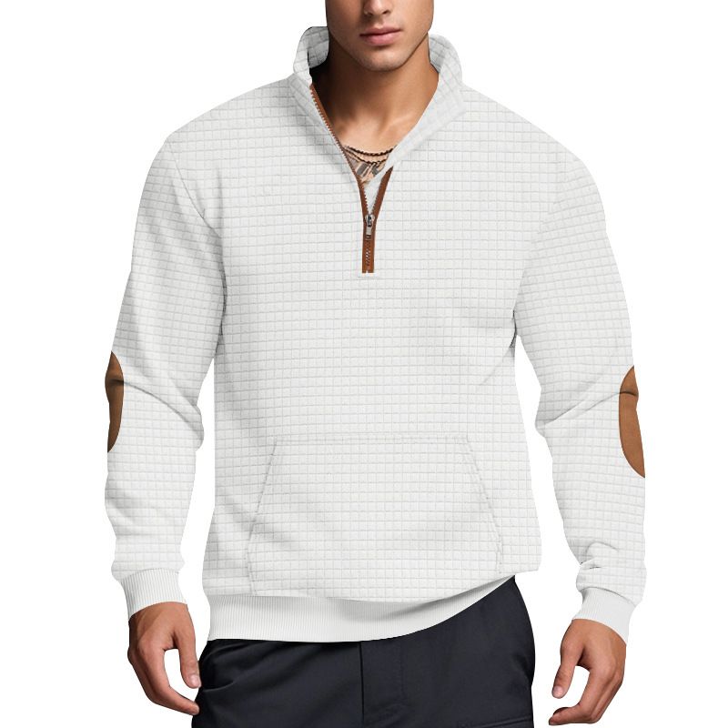 American Style Autumn Winter Men's Casual Sweatshirt Jacquard Small Square Embroidery Patchwork Stand Collar Loose Top_voghion.com