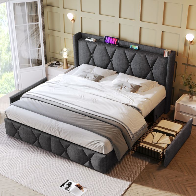 Cadre de lit double avec rangement 140 x 200 cm, avec port USB, tête de lit capitonnée et 4 tiroirs, sommier à lattes en bois gris (avec matelas)_voghion.com