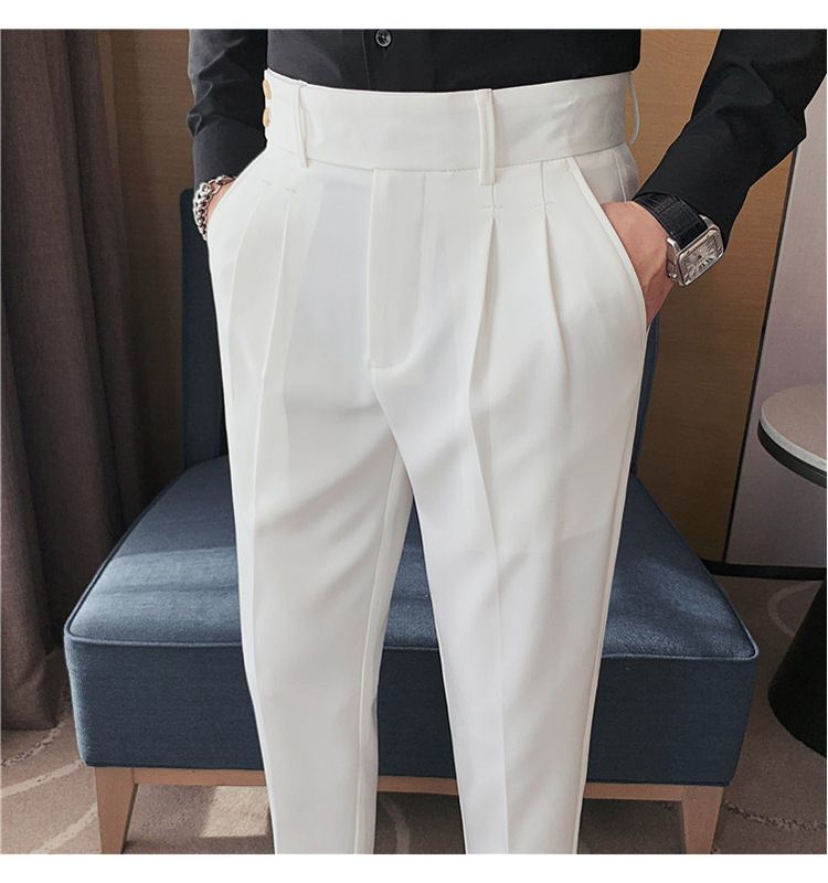 Pantaloni napoletani da uomo nuovi di zecca, in twill strutturato, con vita a pieghe, design casual a nove punte, vita media e alta_voghion.com