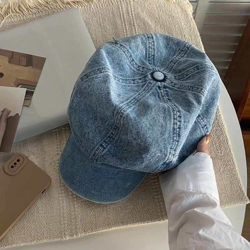 Frühling und Herbst gewaschener Baumwoll-Denim-Damen-Künstler-achteckiger Hut mit großem Kopfumfang und schlankmachendem Gesicht im Baskenmützenstil_voghion.com