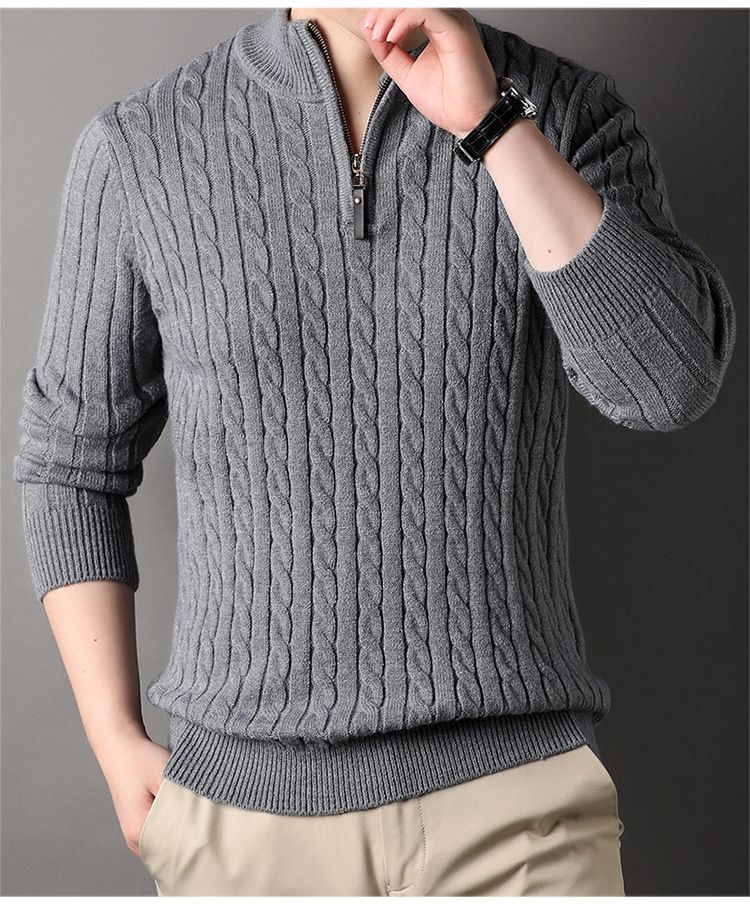 Herren-Strickpullover mit halbem Reißverschluss und Wollmischung, Winterpullover für lässigen & eleganten Style (Grau, M)_voghion.com