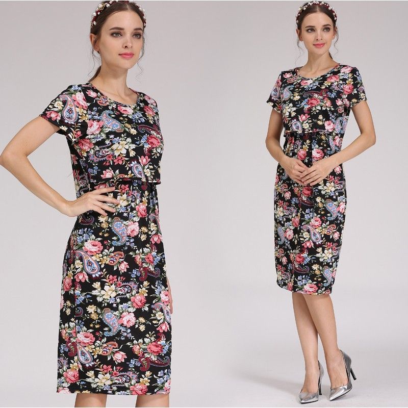 2024 Summer Fragmented Short sleeved Straight Barrel Pregnant Women's After Delivery Breastfeeding Dress_voghion.com