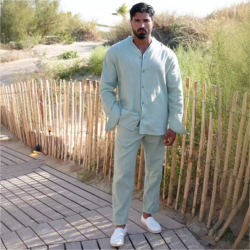 CT Men's Sports Suit Linen Autumn Casual Sleeve Fashion Workwear Long Pants Two-Piece Set_voghion.com