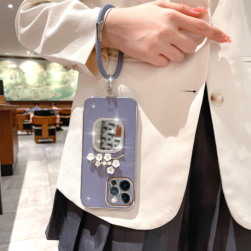 Plating Bracelet Case For Samsung A34 A54 A53 A32 A33 A22 A13 4G 5G A12 A73 A25 A31 A21S A14 Plum Flower Square Mirror_voghion.com