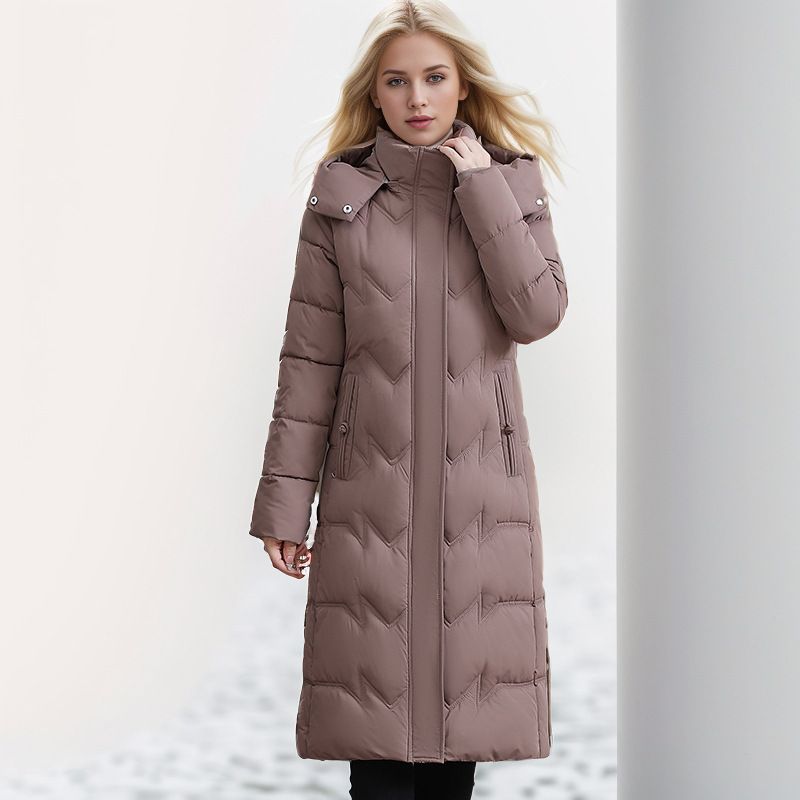 Extra Long Women's Puffer Coat - Oversized Winter Jacket With Hood, Knee-Length Warmth, Plus Size Friendly (Wine Red, Khaki, Dusty Pink, Black)_voghion.com