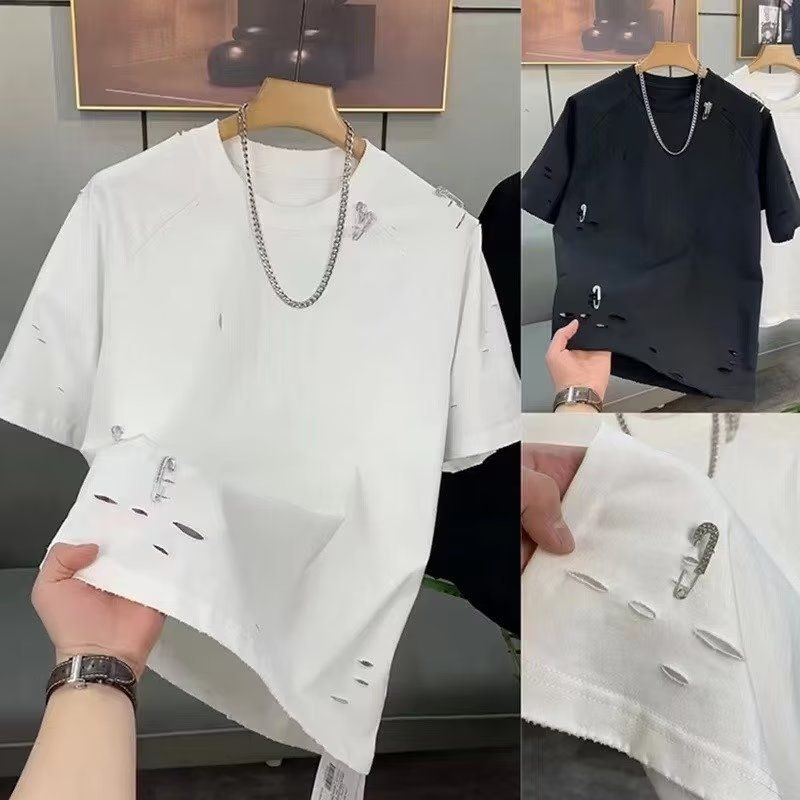 New Summer White Short sleeved T-shirt Trendy and Handsome Round Neck with Perforated Half Sleeve Top Clothes for_voghion.com