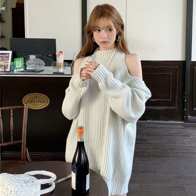 Off-the-shoulder Knitted Sweater Women's Commute Pure Desire Wind Thick Needle Hole Medium And Long Women's Sweater Top Tide_voghion.com