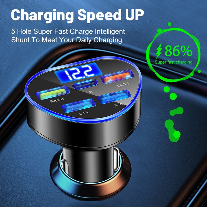 Music Festival  66W super fast in digital display 5-port with voltage charger, one to five multi port car charging_voghion.com