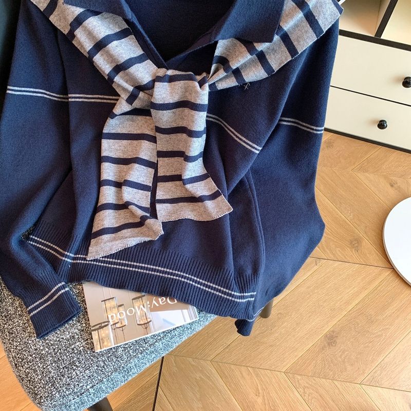 Korean Style Polo Lapel Sweater – Embroidered Pony & Striped Shawl Two-Piece Set (S/M/L/XL)_voghion.com