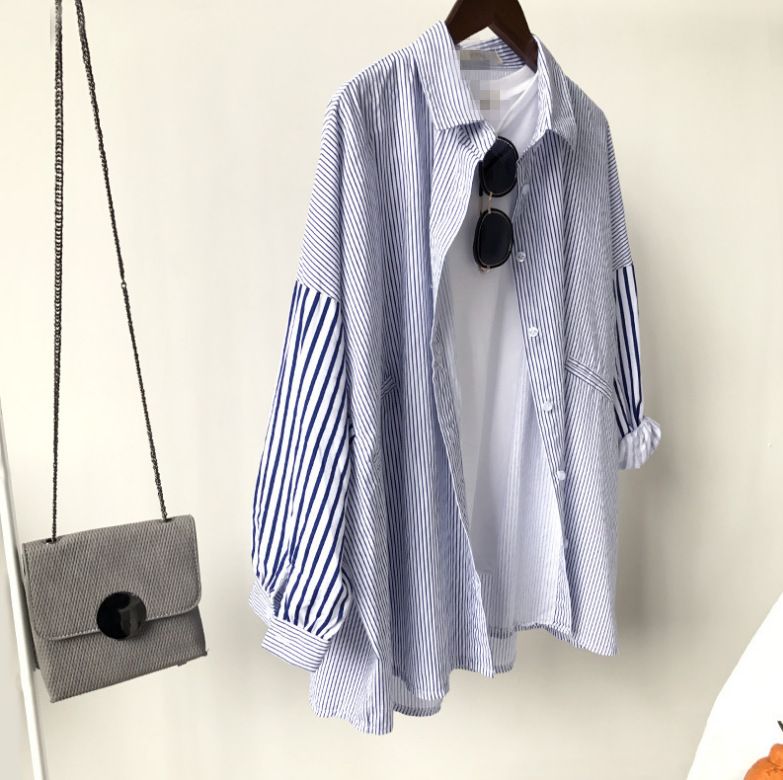 Women's Clothing Autumn striped shirt women's mid length long sleeved large size student versatile loose boyfriend style jacket village clothes_voghion.com