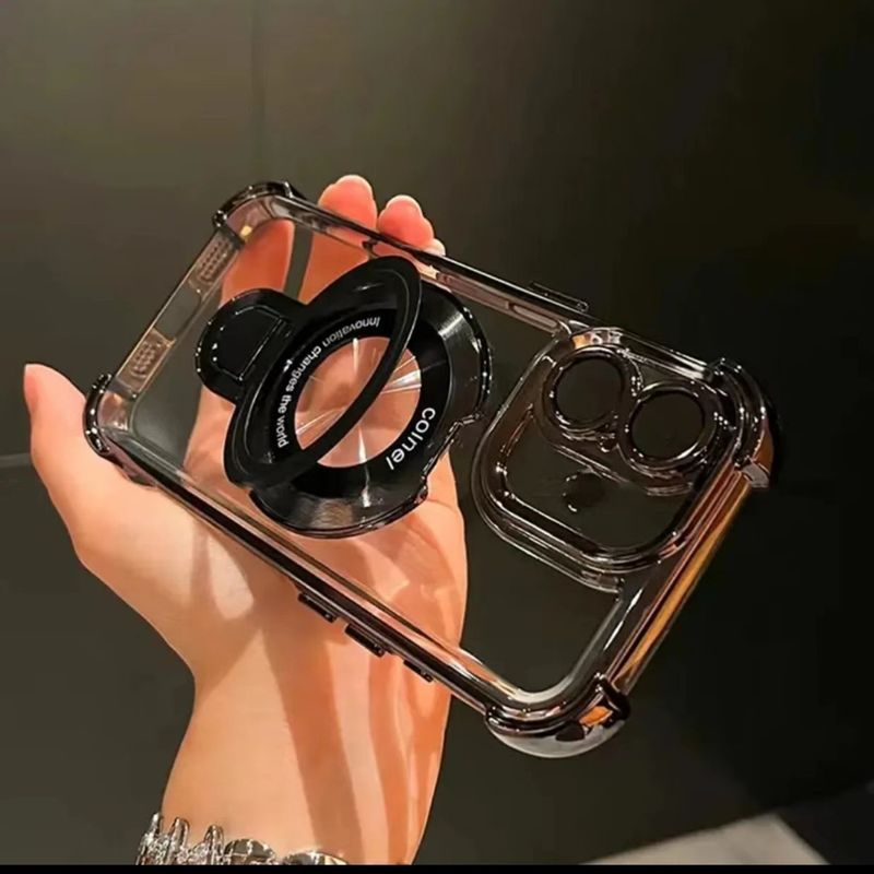 Galwanizowane etui magnetyczne z podstawką do iPhone'a 16 Pro Max/15 Pro - 4-rogowa, odporna na wstrząsy przezroczysta obudowa ze wbudowaną podstawką_voghion.com