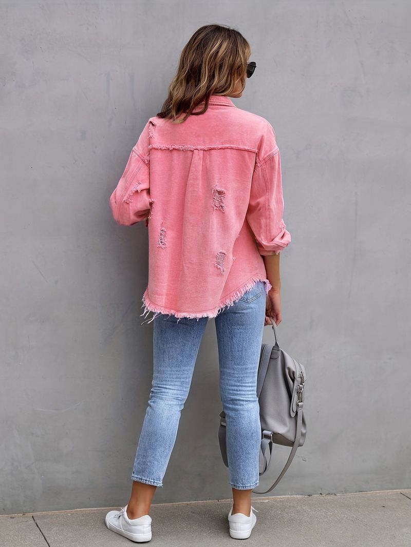 Giacca in denim effetto used da donna, oversize, a maniche lunghe, casual, in tinta unita_voghion.com
