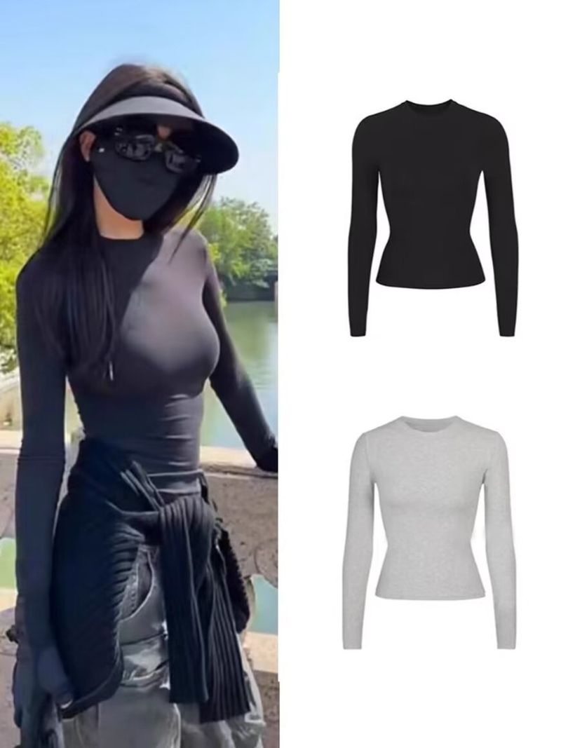 Kim Kardashian Kento Round Neck Base Shirt For Women's Sring Tight Fitting T-shirt Long Sleeved Slim Fit Solid Color_voghion.com