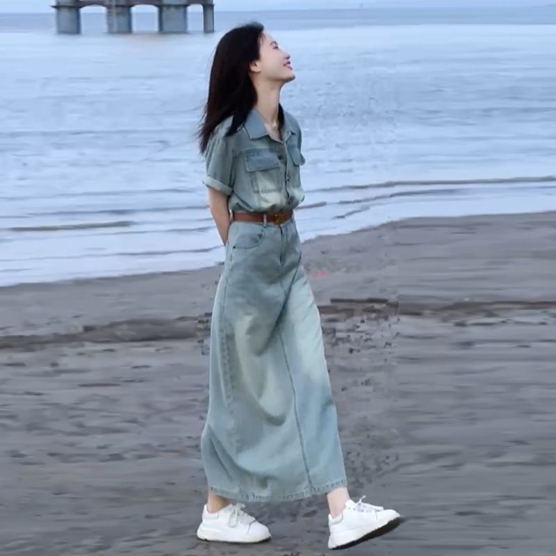 Abito lungo in denim da donna, estate 2025, nuovo, di alta qualità, in stile Hong Kong._voghion.com