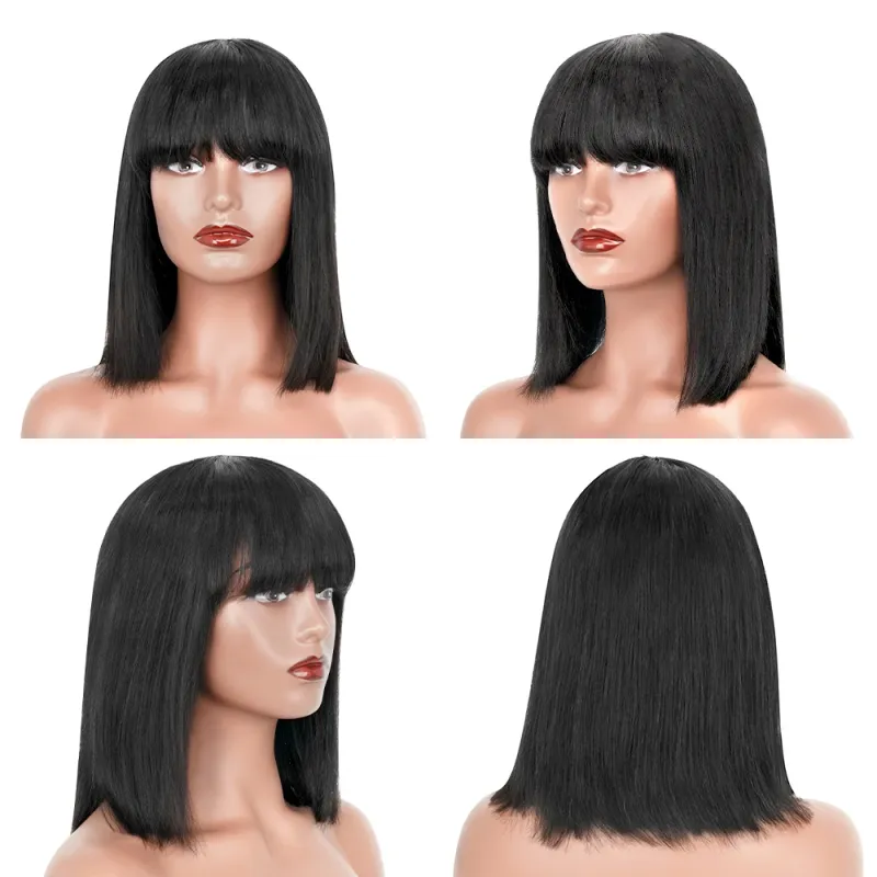 Bob-Perücke mit Pony, Echthaar, klebefrei, kurze Bob-Perücke für Frauen, verbesserte maschinengefertigte Mittelscheitel, 3x1 Spitzenperücke_voghion.com