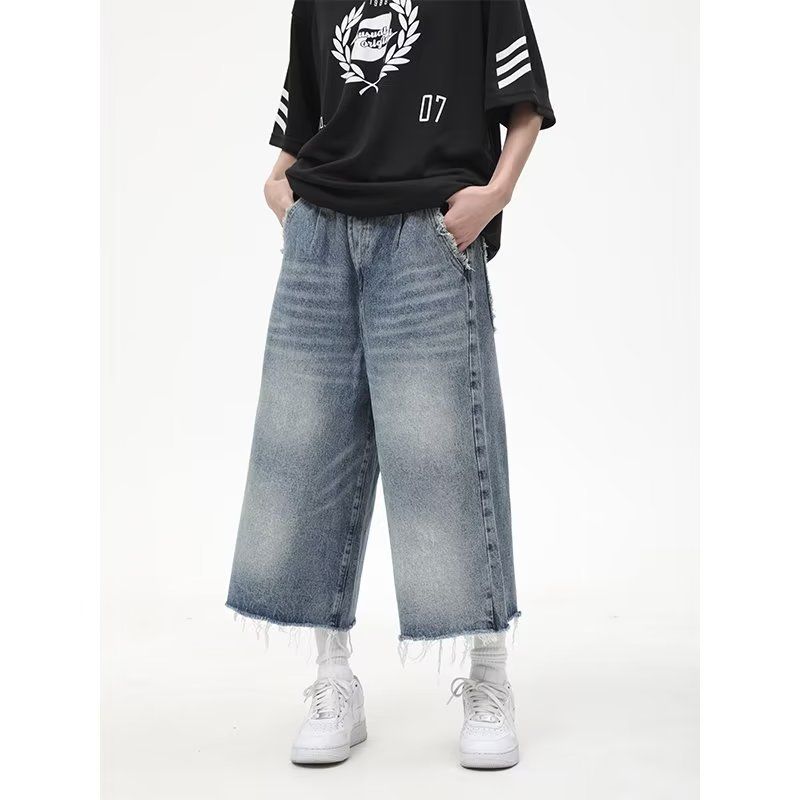 Unique Design Tassel Seven-point Denim Shorts For Men Loose Washed Fashionable Casual Versatile Straight-leg Pants_voghion.com