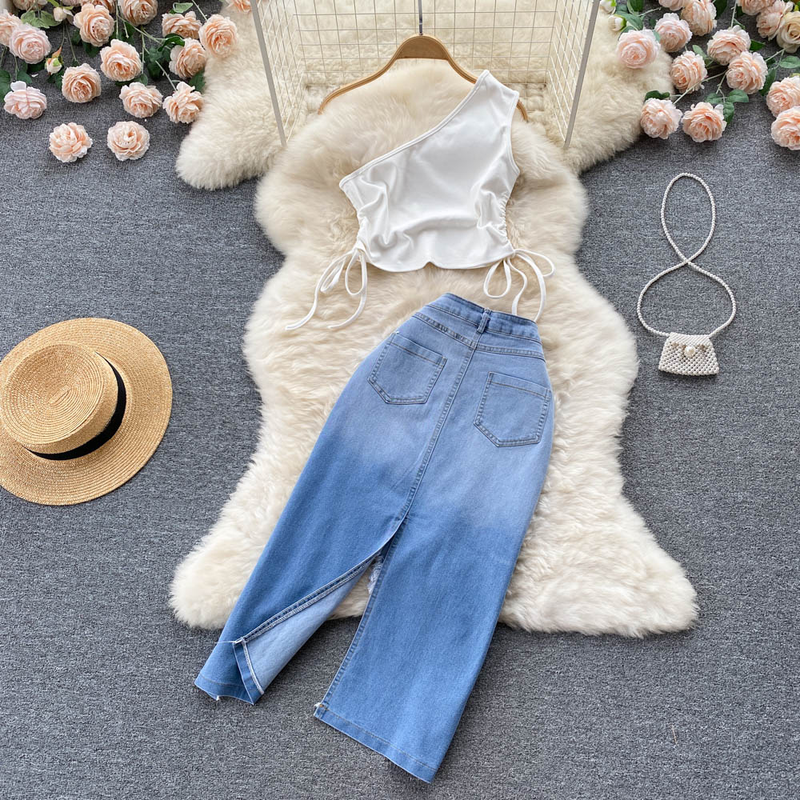 Women's Drawstring Lace-up Slouchy Vest Irregular Raw Edge Split Denim Half-body Skirt Two Piece Set_voghion.com