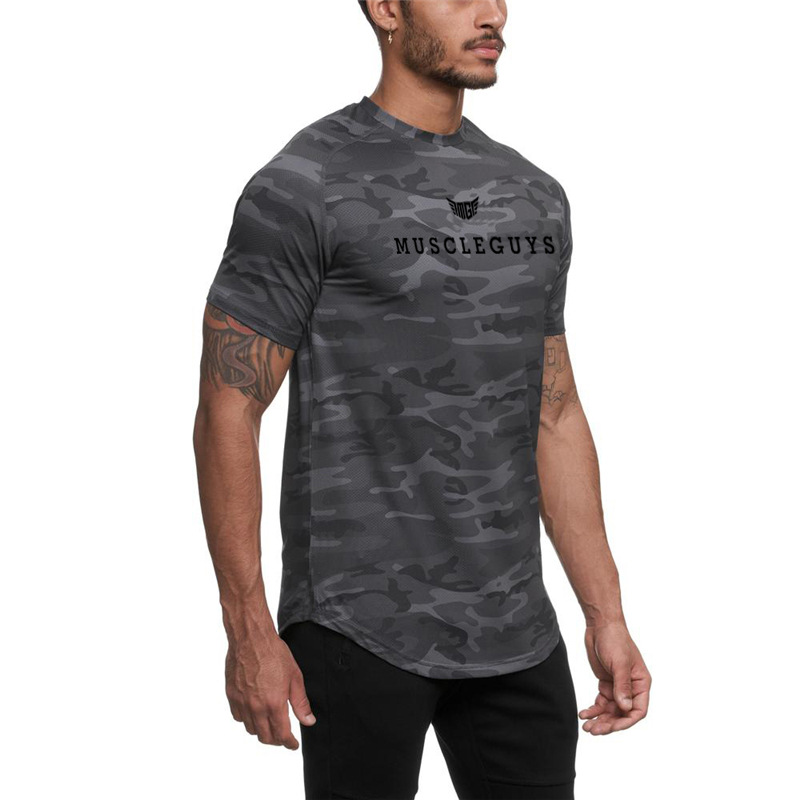 Short sleeved sports running T-shirt Men's outdoor fitness camouflage shirt Slim fit breathable muscle trendy top_voghion.com