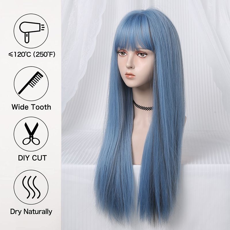 Parrucca sintetica lunga e dritta, azzurra con riflessi cenere, parrucca cosplay con frangia per donna, capelli naturali, fibra resistente al calore_voghion.com
