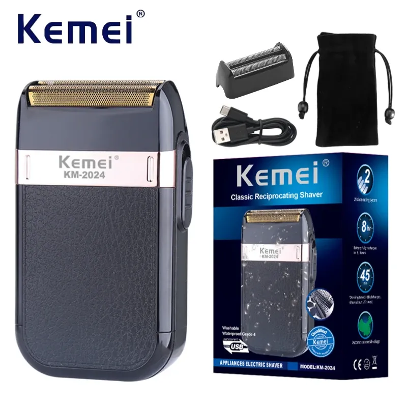 Professional Waterproo Electric Cordless Safety Razor Rechargeable Beard Trimmer Shaver For Men KM-2024_voghion.com
