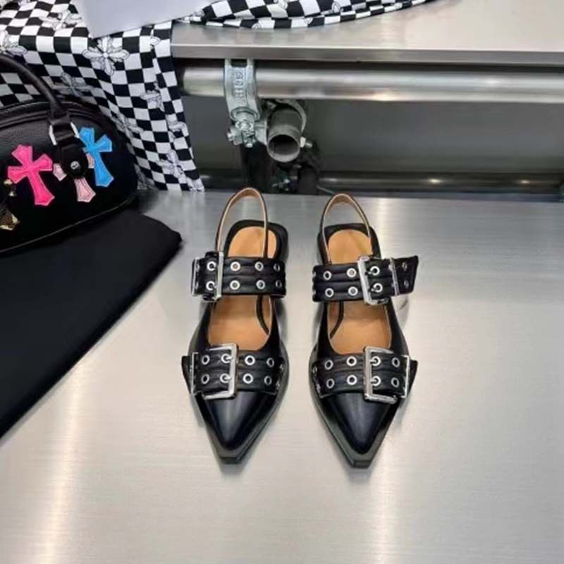 2024 Frühjahr/Sommer Neue Spitz Gürtel Schnalle Muller Echtes Leder Flache Unterseite Mary Jane Zurück Air Sandalen frauen Single_voghion.com