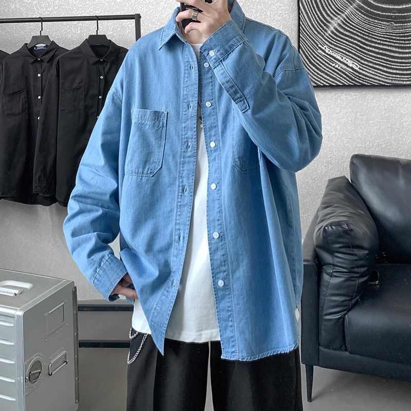 Camicia casual alla moda, manica lunga, edizione coreana, minimalista, in denim, primavera e autunno 2025, personalizzata, coppia_voghion.com