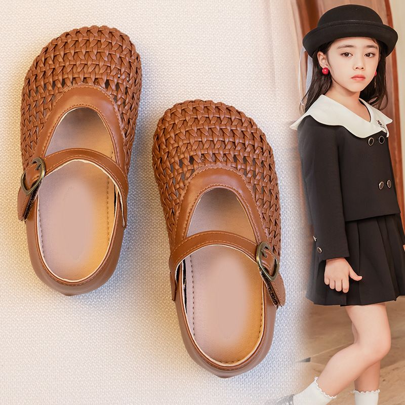 2025 Sommer Neue Hohl Mary Jane Flach Gewebt Atmungsaktive Prinzessin Kleine Mädchen Halb Sandalen_voghion.com